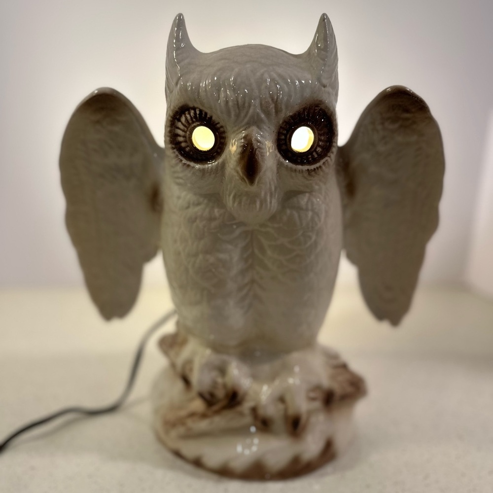 1950s MCM Kron Pottery of Texas White and Brown Great Horned Owl TV Lamp